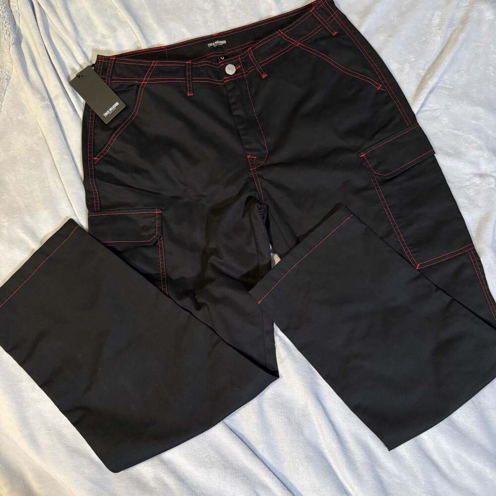 True Religion Jet Black Red Contrast Stitch Cargo Pants Size 36 New With Tags